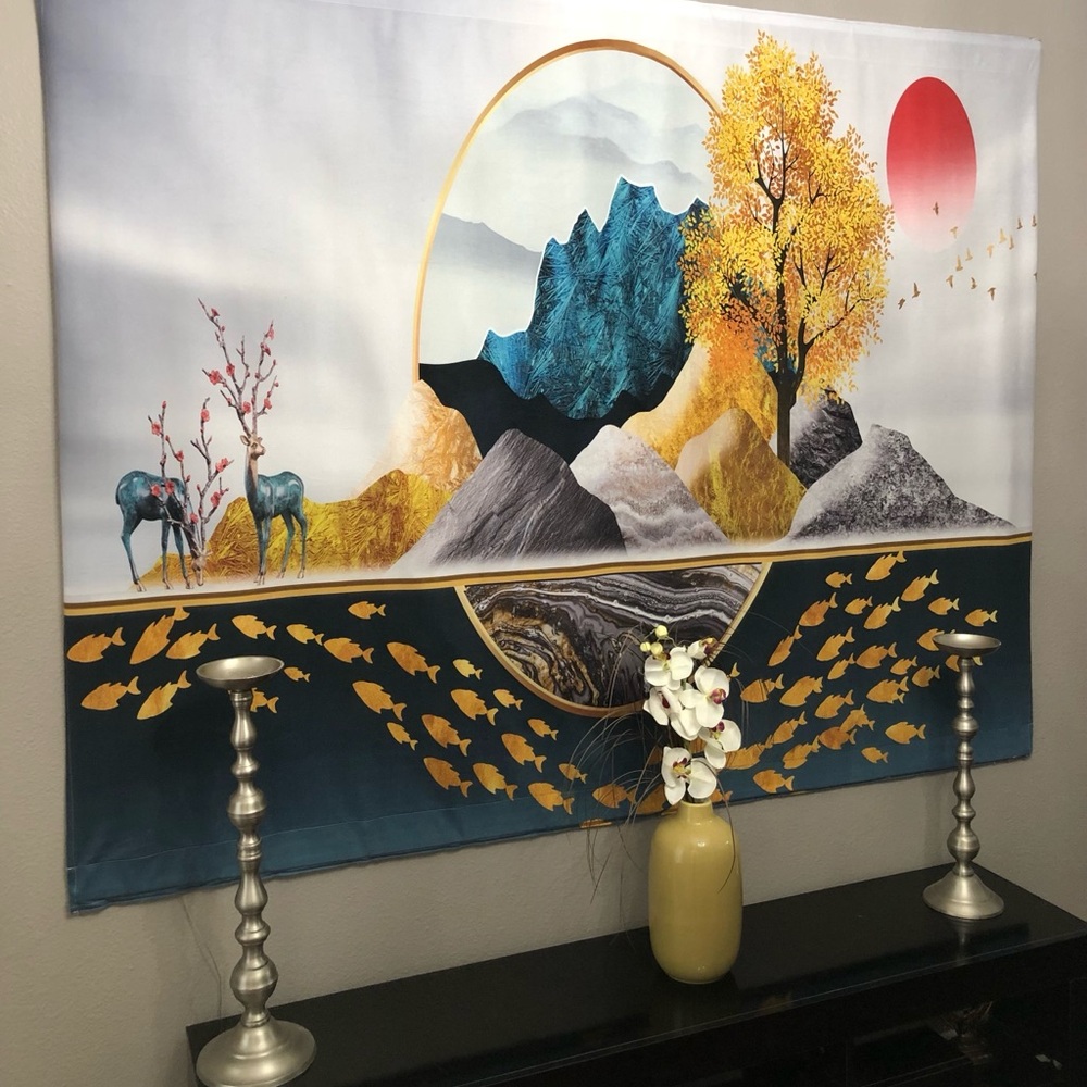 Abstract Landscape Wall Art with Red and Gold Accents Tapestry Wall Hanging item
